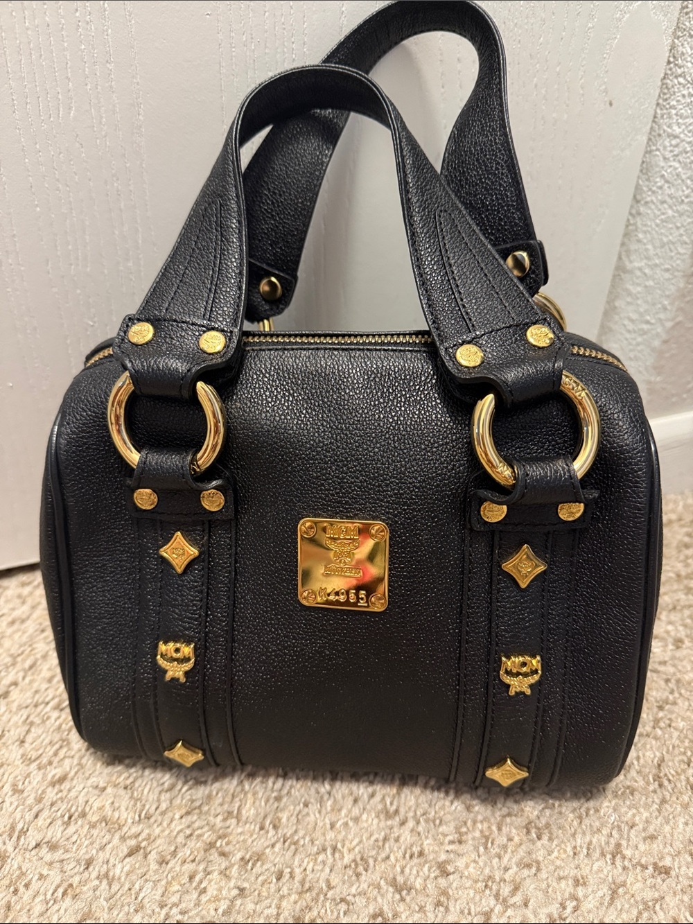MCM Black Pebbled Leather Satchel with Gold Hardware